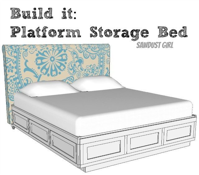 Cal King platform storage bed plans from Sawdust Girl.
